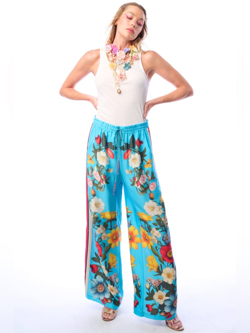 Aratta Blue Floral Wide Leg Pants L Boho Resort Coastal Grandma NWT